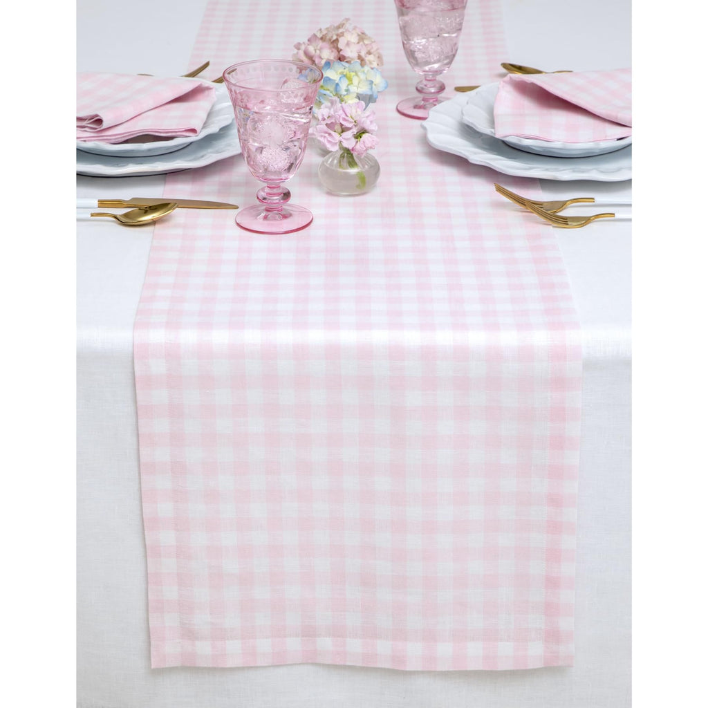 Solino Home Linen Gingham Table Runner 132 Inches Long - 100% Pure Linen Marshmellow Pink Checkered Table Runner 14 x 132 Inch Ideal for Dining, Mothers Day, Spring, Summer