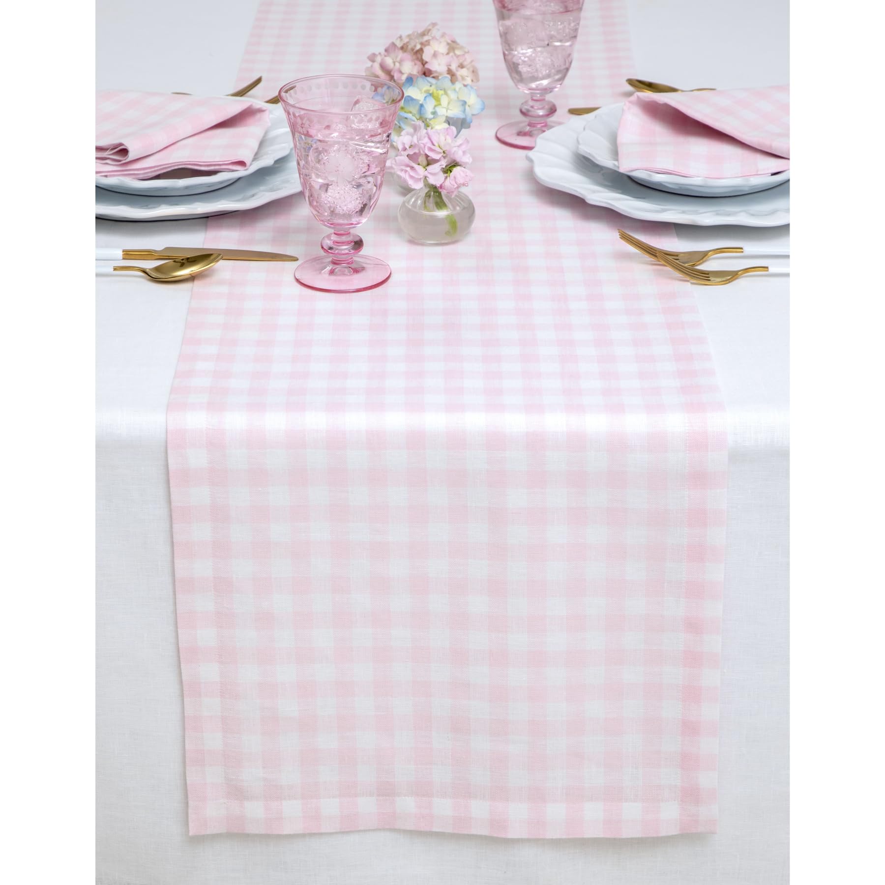 Solino Home Linen Gingham Table Runner 132 Inches Long - 100% Pure Linen Marshmellow Pink Checkered Table Runner 14 x 132 Inch Ideal for Dining, Mothers Day, Spring, Summer