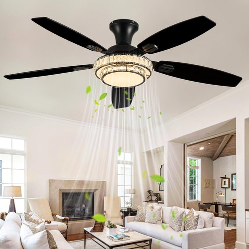 Fanyank Ceiling Fans with Lights-Crystal Ceiling Fan,52" Low Profile and Remote Control, Flush Mount, Reversible, 3CCT, Dimmable, Noiseless, Black Ceiling Fan for Bedroom