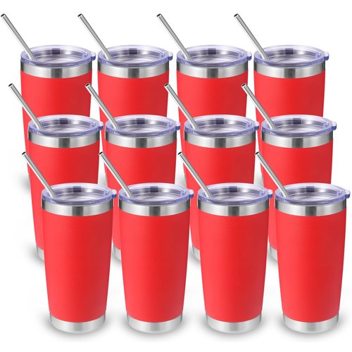 Volhoply 20oz Stainless Steel Tumbler with Lid and Straw Bulk 12 Pack,Double Wall Insulated Travel Iced Coffee Mug Fits Cup holder,Powder Coated Cups for Hot/Cold Drinks,Gifts for Women（Red,12 Set）