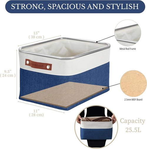 DECOMOMO Storage Baskets - Large Fabric Storage Bins for Organizing Linen Closets | Navy Blue & White - 3 Pack