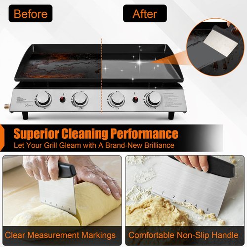 HANWRAPS Grill Scraper&Bench Scraper Set，Food Scraper with Handle for Blackstone, Flat Top Grill Cleaning，Premium Stainless Steel Dough Cutter with Measuring Scale for Pastry,Cake,Pizza,Bread,Cooking