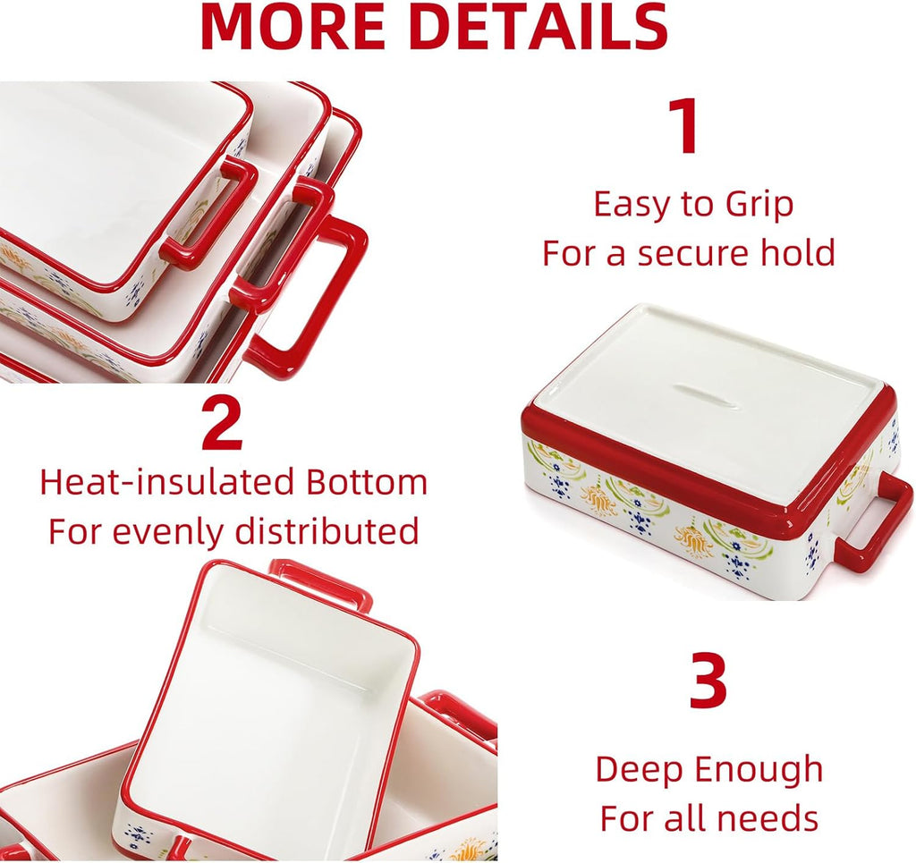 WRINGKIT Ceramic Baking Dishes Set - Rectangular Casserole Dish with Handles | 3 Sizes (12''/10.7''/7.7'') in Red