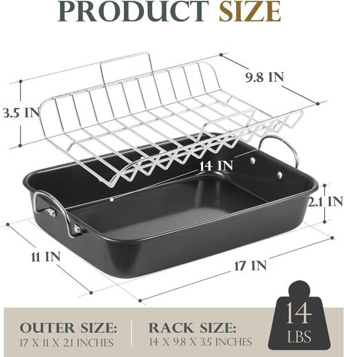KITESSENSU Nonstick Roasting Pan - Heavy Duty Turkey Roaster with Rack, 15 x 11 Inch, Gray