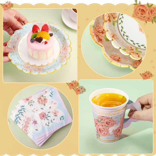 Yungyan 108 Pcs Tea Party Plates and Napkins Sets Serve 36 Guests Floral Disposable Tea Party Supplies Paper 6" Plates and Napkins and 9 oz Cups with Handle for Garden Spring Birthday Wedding