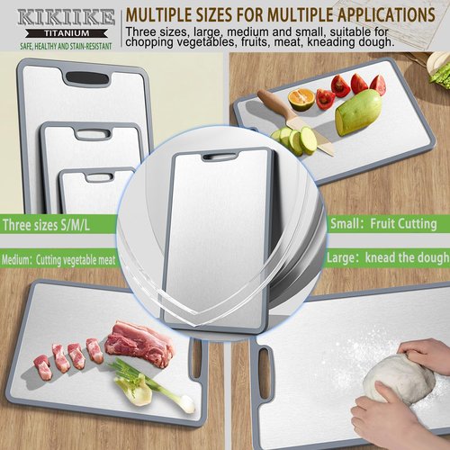 Titanium Cutting Board Set of 3, Double-sided non-slip edging Pure Titanium Chopping Board for Kitchen - Safety and slip resistance Hand Guard Durable and easy to clean (3-Piece S/M/L)