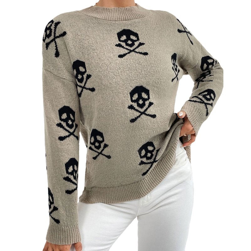 Women’s Fall Skeleton Pullover Sweater Beige M Casual Crewneck Knit Top