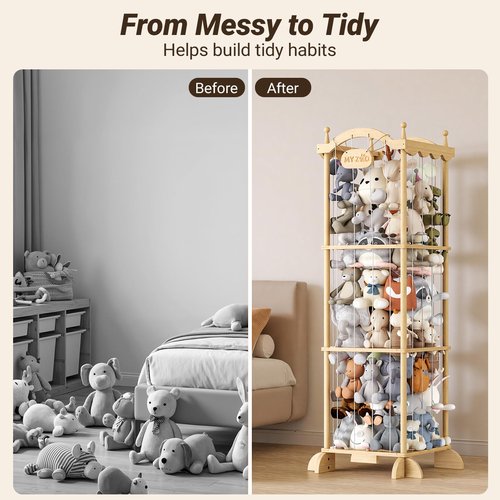 COSYLAND Large Stuffed Animal Storage Organizer for Kids, Wooden Plush Toy Holder with Top Rope Clips, Elastic Cords & Nameplate, Holds 70+ Stuffed Animals for Playroom & Corner