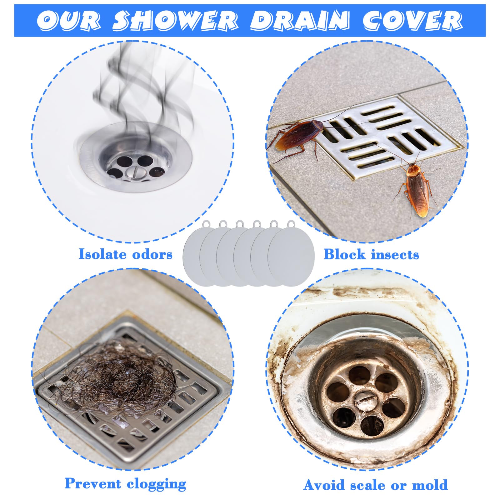 Yinkin 6 Pcs Drain Covers to Keep Bugs Out Silicone Shower Floor Tub Stoppers Bathtub Drain Stoppers Sewer Anti-Odor Mats Deodorizing Plugs for Bathroom(6 x 6 Inch,Round,Grey)