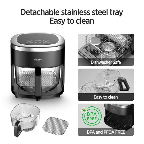 Vexon 6-IN-1 Glass Air Fryer,4.5QT Air Fryer with Viewing Glass Pot, Air Fry, Roast, Reheat, Dehydrate, Air Crisp Technology,Nonstick & Dishwasher Safe Basket,97% Less Oil,Features Digital Timer