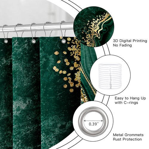 BayNook 4PCS Emerald Green Gold Marble Shower Curtain Sets with Rugs, Abstract Bathroom Sets with Shower Curtain and Rugs, Bathroom Curtains Shower Set with Toilet Lid Cover for Bathroom Decor