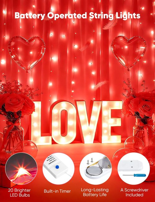 Minetom 12 Pack Red Christmas Lights - 7ft Battery Operated Fairy Lights | Waterproof Twinkle Lights for Valentine's Day