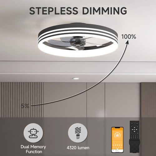 VOLISUN Low Profile Ceiling Fans with Lights and Remote, 19.7in Flush Mount Ceiling Fan with Light, 3000K-6500K Dimmable Fandelier LED Fan Light, Black Bladeless Ceiling Fans with Lights for Bedroom