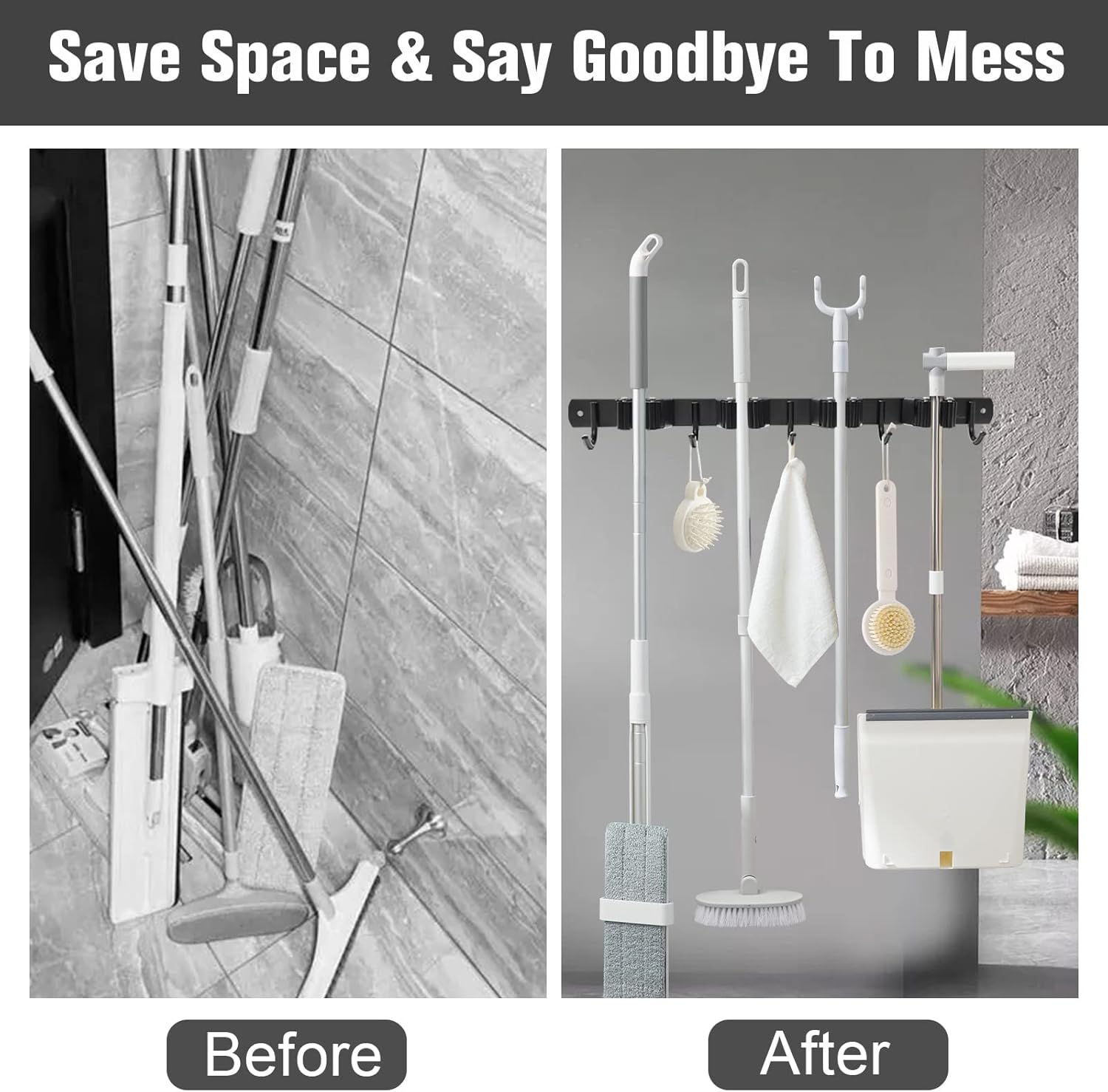 Skiennix Mop and Broom Holder - Wall Mount Organizer with 4 Racks & 5 Hooks | Heavy-Duty Stainless Steel for Home & Garage