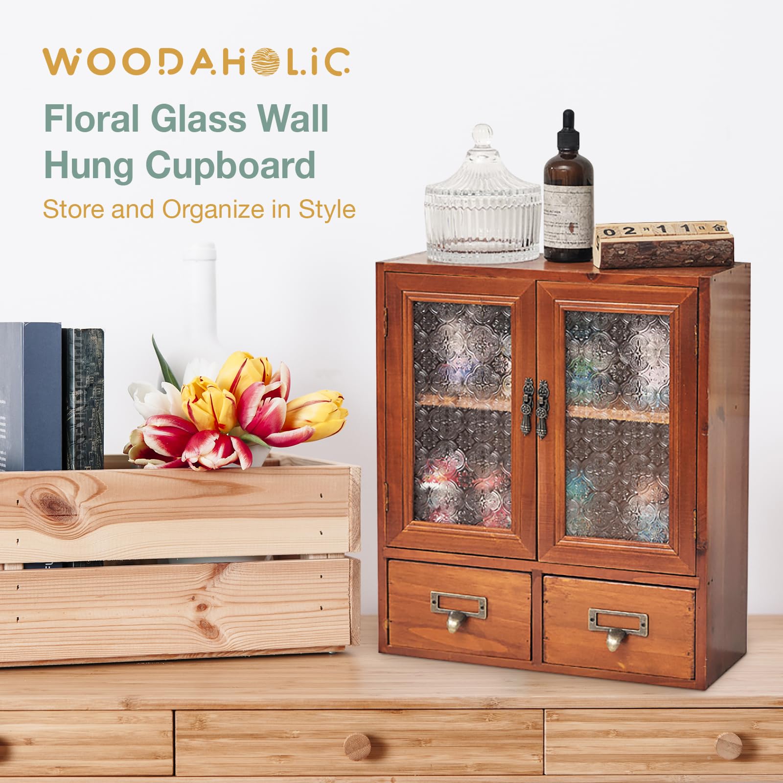 Geometric Motif Mahogany Storage Cabinet with Floral-Embossed Pressed Glass Doors – Victoria Floral Patterned Display Cupboard with 2 Drawers for Kitchen, Pantry and Countertop Organization