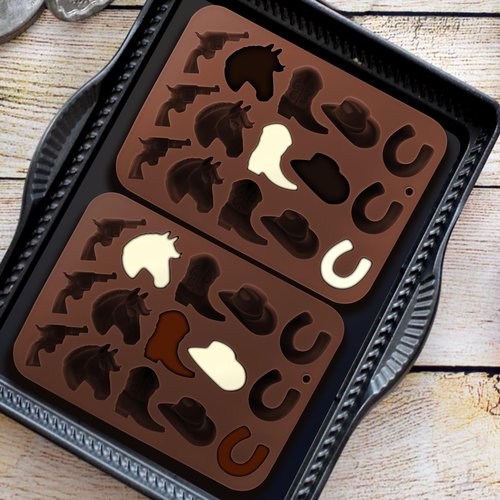 Fuehbur Western Themed Cowboy Candy Silicone Molds 2PCS, Chocolate Jello Moulds with Horse Head Boot Hat Saddle Design, 15 Cavity Ice Mold Pudding Soap Cookie Molds for Cake Desserts Cupcake Making