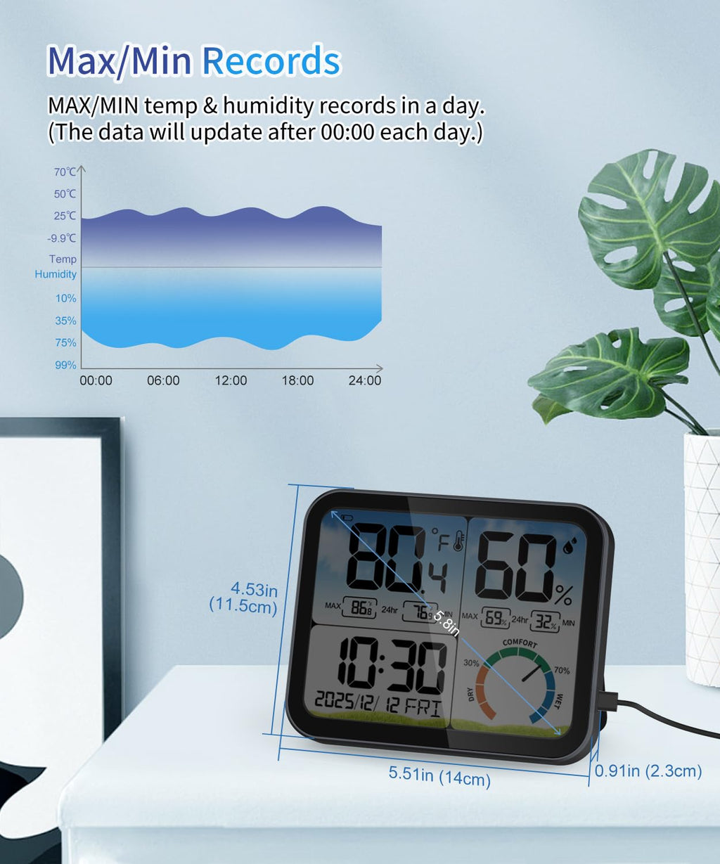 VOCOO Digital Indoor Room Thermometer - 5.8'' Large Display with Accurate Temp & Humidity Monitoring | Backlit, Max/Min Records, Date & Clock