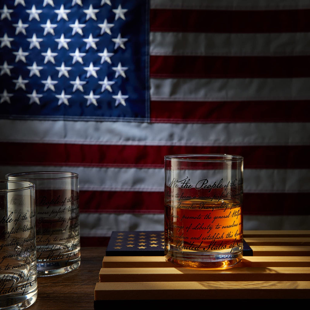 Whiskey Glasses – United States Constitution - Wood American Flag Tray & Set of 4 We The People 10oz America Glassware, Old Fashioned Rocks Glass, Freedom of Speech Law Gift Set US Patriotic