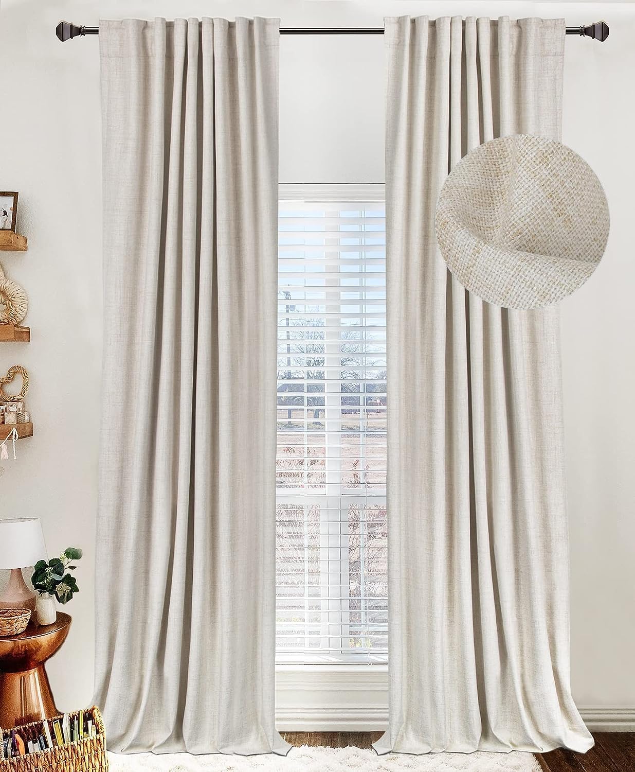 Skiennix 100% Blackout Linen Curtains - Thermal Insulated Drapes, 50" W x 120" L, Cream - 2 Panels Set