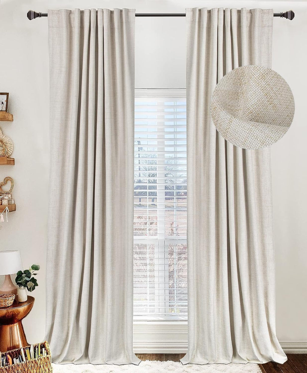 Skiennix 100% Blackout Linen Curtains - Thermal Insulated Drapes for Bedroom | 72" Long, Cream, 2 Panels Set