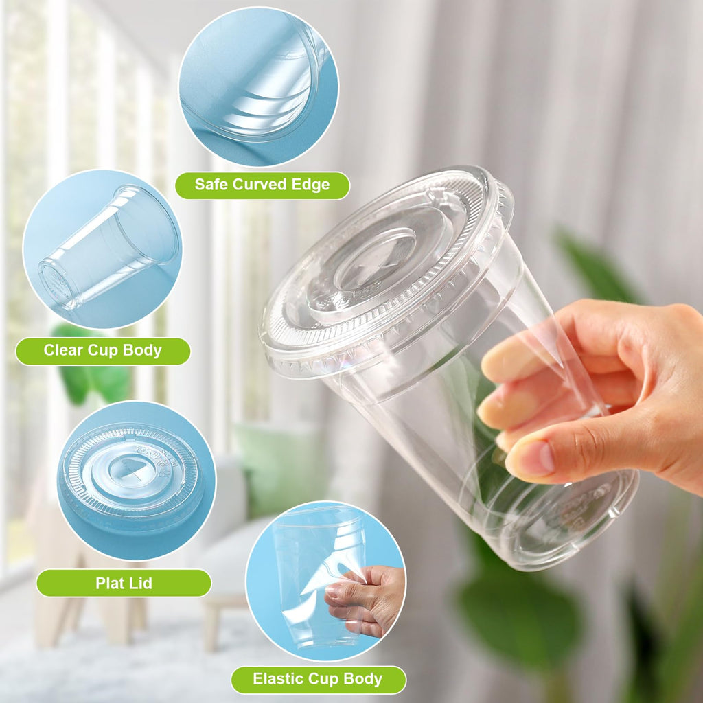 TashiBox TahiBox Plastic cups with lids and straws 16 oz 100sets [100 cups & 100 flat lids & 100 straws],clear crystal disposable iced coffee cups with lids