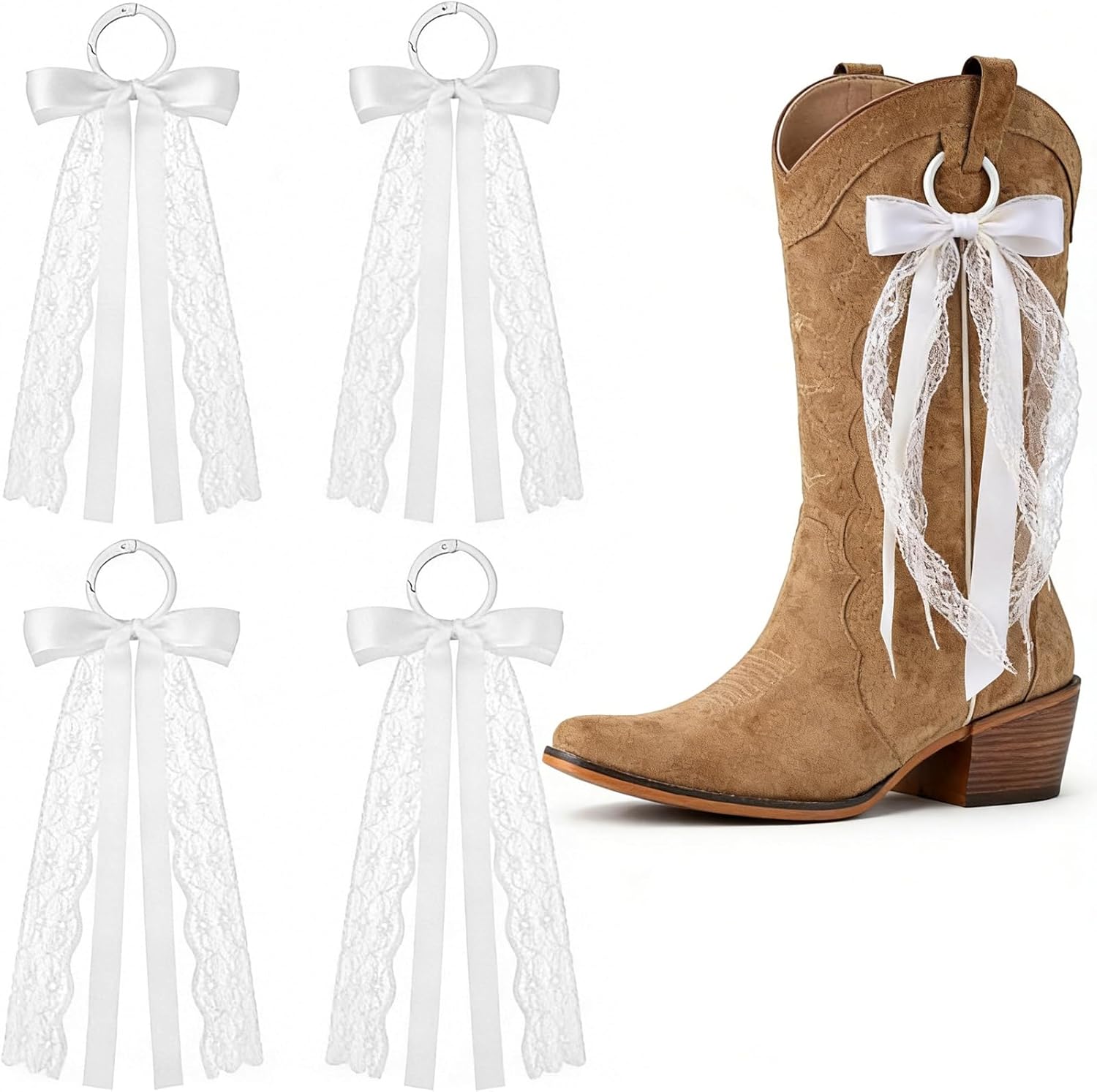 Skiennix White Ribbon Boot Bows - 4 Pcs Removable Lace Clips for Cowgirl Boots | Wedding & Bridal Decor