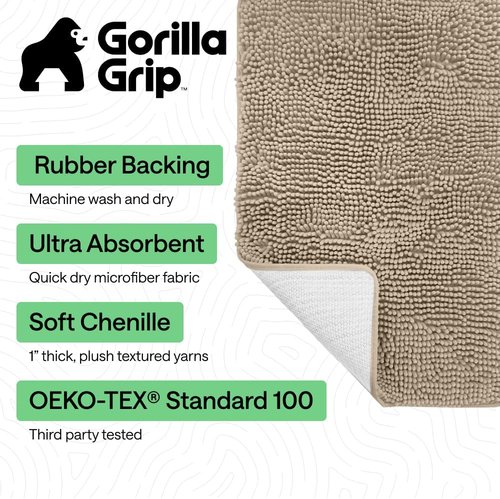 GORILLA GRIP Bath Rug Mat - Thick Absorbent Chenille | Quick-Dry Microfiber, 44x26, Gray Beige