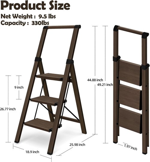 Hillhut Apex 3-Step Foldable Aluminum Step Ladder - Lightweight & Portable with Handgrip, 330lbs Capacity | Walnut Finish