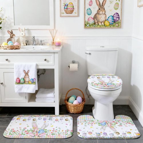 Mocsicka 4pcs Easter Shower Curtain Set Cute Bunny Eggs Spring Floral Shower Curtain for Easter Bathroom Decor Set with Non-Slip Washable Bath Rugs, Toilet Lid Cover 72 x 72 Inch