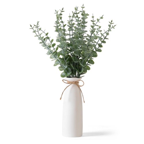 Shanranplus Vase with Greenery, 20pcs Artificial EucalyptusStems in White Vase, Boho Home Decor Plant, 19" Decorative Fake Plants for Home Farmhouse Mantle Centerpiece Decor