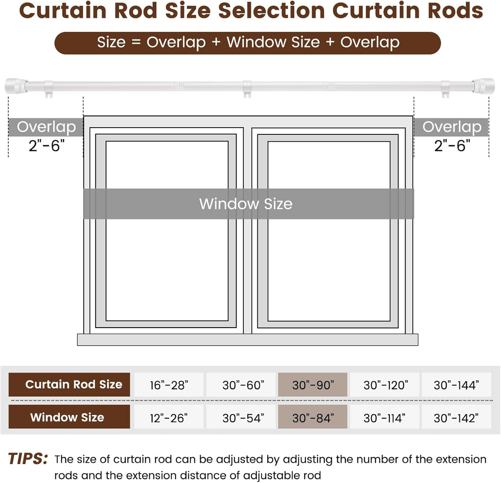 Skiennix Heavy-Duty Adjustable Curtain Rod - 30 to 90 Inch - Matte White, Fits 30-84 Inch Windows