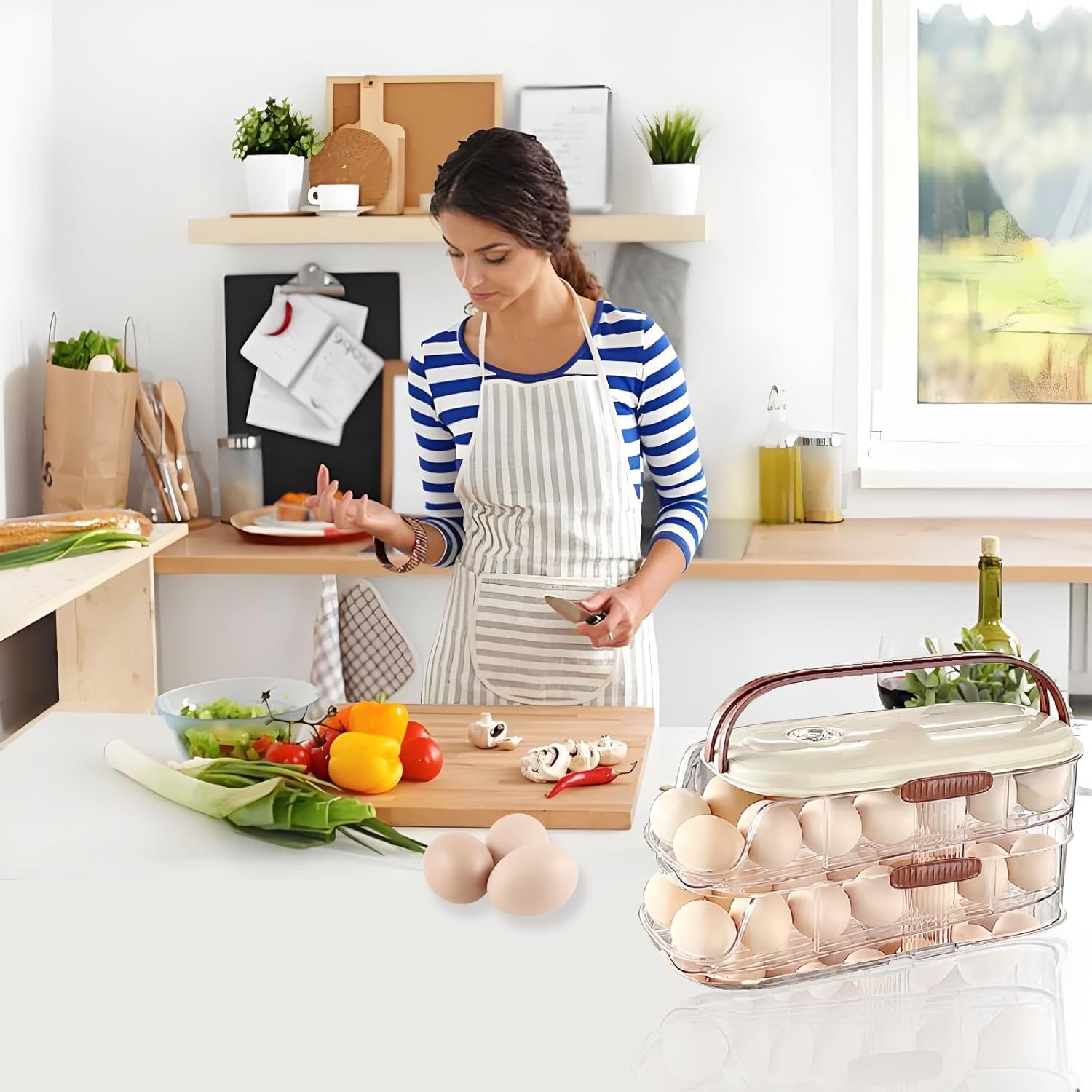 Skiennix Egg Holder - Automatic Rolling Egg Dispenser with Lid & Handle - Stackable Organizer for Fridge & Pantry