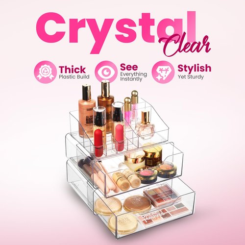 Masirs Clear Acrylic Makeup Organizer with Drawers – Cosmetic Vanity Storage for Skincare, Hair Accessories, Jewelry, Perfume – Durable Countertop Bathroom Organizer