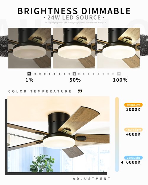 AUTELO 52" Ceiling Fans with Lights, Farmhouse Low Profile Ceiling Fan with Light and Remote, 3CCT 24W Flush Mount Ceiling Fan with 5 Blades and Reversible DC Motor for Living Room, F3696 BK-NW