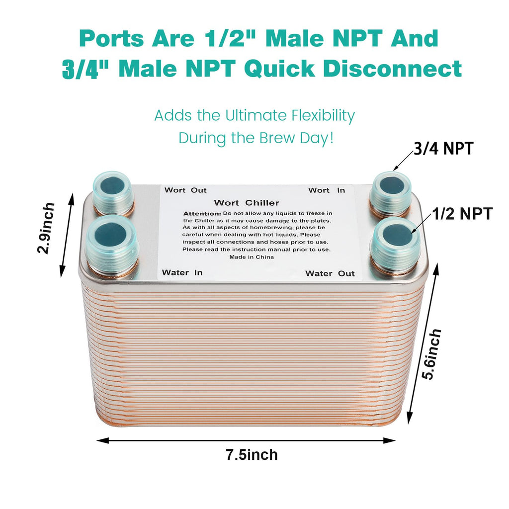 MRbrew Wort Chiller 60 Plates, Brazed Plate Copper Heat Exchanger for Homebrew, Stainless Steel 7.5" x 2.9" Plate,1/2 &3/4 NPT Thread Connection Hot Liquid Accelerated Cooler Quick Beer Cooling System