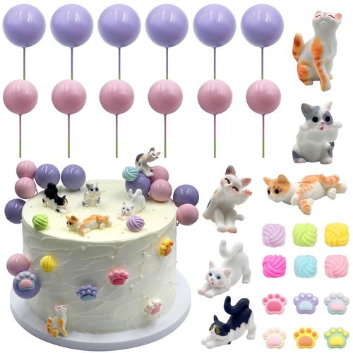 Firleayo Cat Cake Topper Cat Paw Cake Toppers Cat Cake Decorations Cats Themed Cupcake Decor Mini Cats Figurines Wool Ball Cake Toppers for Birthday Baby Shower Party