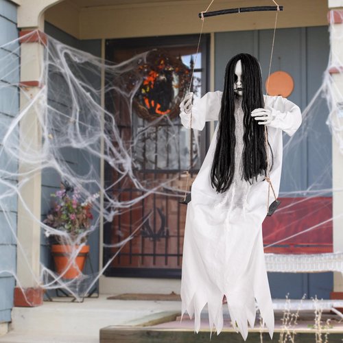 Halloween Decorations Outdoor, Scary Hanging Swinging Girl Props Sound & Slap Activated with Creepy Sound Expressions Light Up Eyes, Halloween Outside Ghosts for Haunted House Yard Lawn Decor