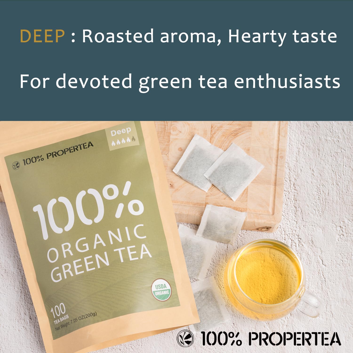 Propertea Organic Green Tea Bags - 100 Count Eco-Friendly Resealable Pouch | Rich in Antioxidants, Hot or Iced