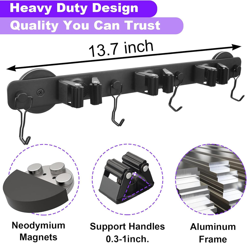 Skiennix Magnetic Mop Holder - Heavy Duty Tool Organizer with Swivel Hooks | Ideal for Kitchen, Garage, Laundry