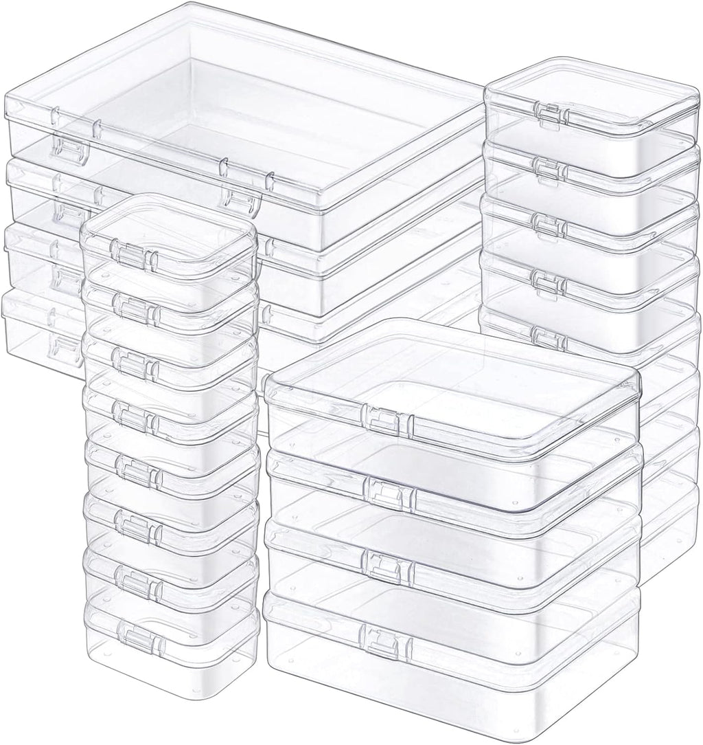 Regine Switzerland Mini Plastic Storage Containers - 24 Pack Clear Boxes with Hinged Lids & Labels for Crafts