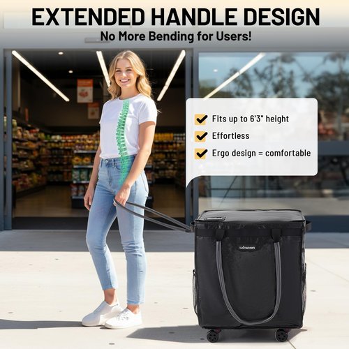 (Large) Fanwoli Reusable Grocery Bag On Wheels with Washable Liner | Wrinkle-Resistant Fabric | Enhanced Stability Wheels & Extended Handle | Foldable Shopping Trolley for Laundry, Carries Up to 130L