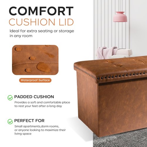 oakvivo 30 Inches Folding Storage Ottoman Bench, Ottoman PU Leather Tuffed End of Bed Bench, Foot Rest with Rivet Design, Ottoman with Storage, Load 330 lb, for Living Room, Bedroom, Entryway, Brown