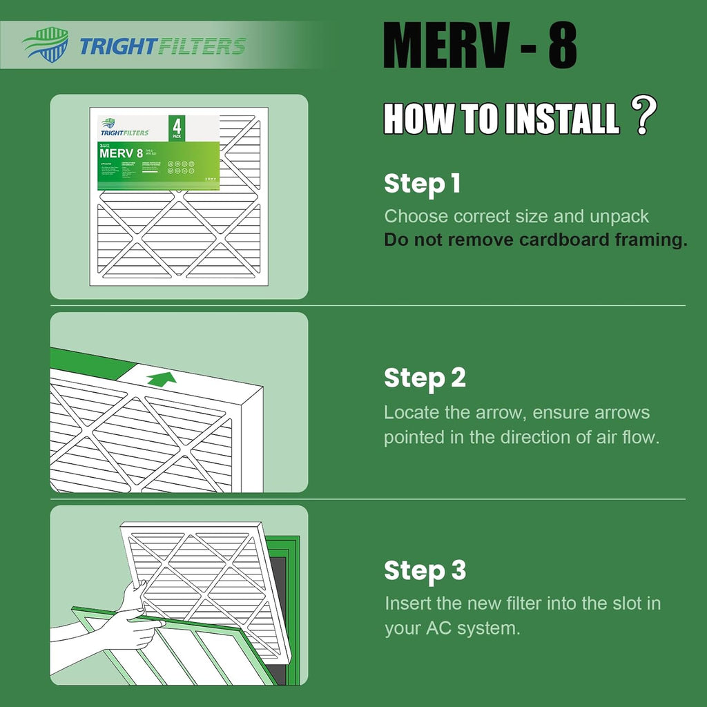 TRIGHTFILTERS 20x20x1 Air Filter - MERV 8 Pleated Dust Defense | 4-Pack Replacement for HVAC Systems