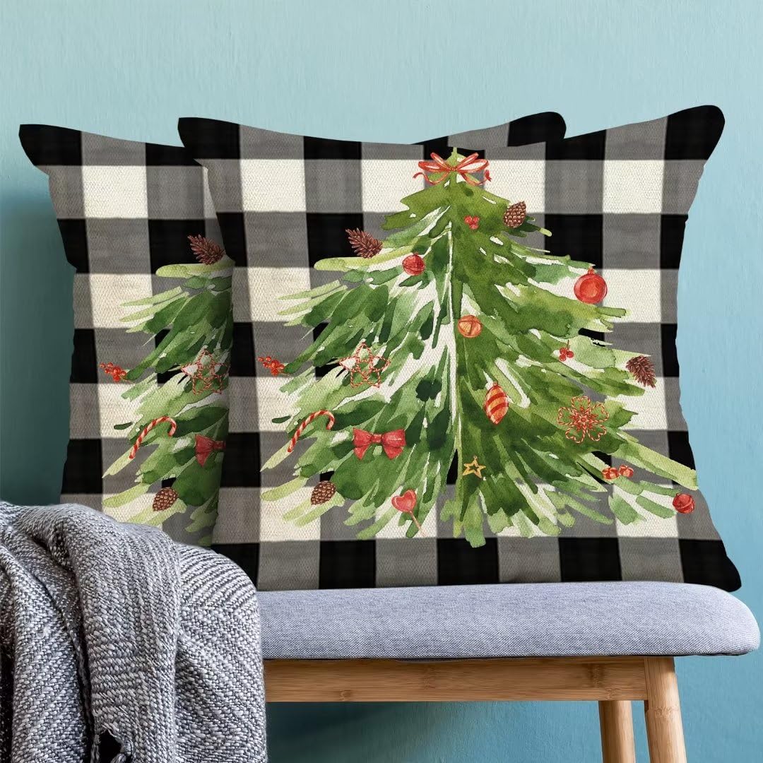 AEIOAE Christmas Pillow Covers 18x18 Inch Set of 2, Buffalo Plaid Christmas Tree Decorative Throw Pillows Farmhouse Linen Nature Forest Xmas Winter Pillow Case for Couch Sofa Outdoor Decor