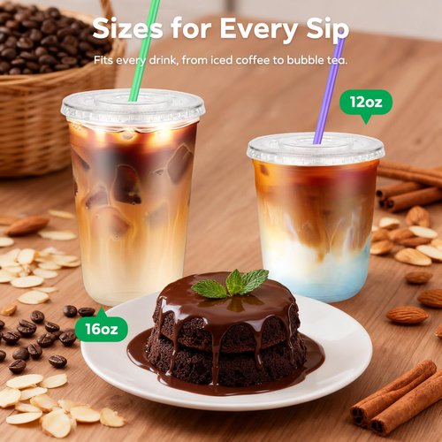 Etersky 50 Pack 12 oz Clear Cups with Flat Lids and Straws, Disposable To Go Iced Coffee Cups, Plastic Cold Drink Smoothie Party Cups for Home, Office, Daily Use