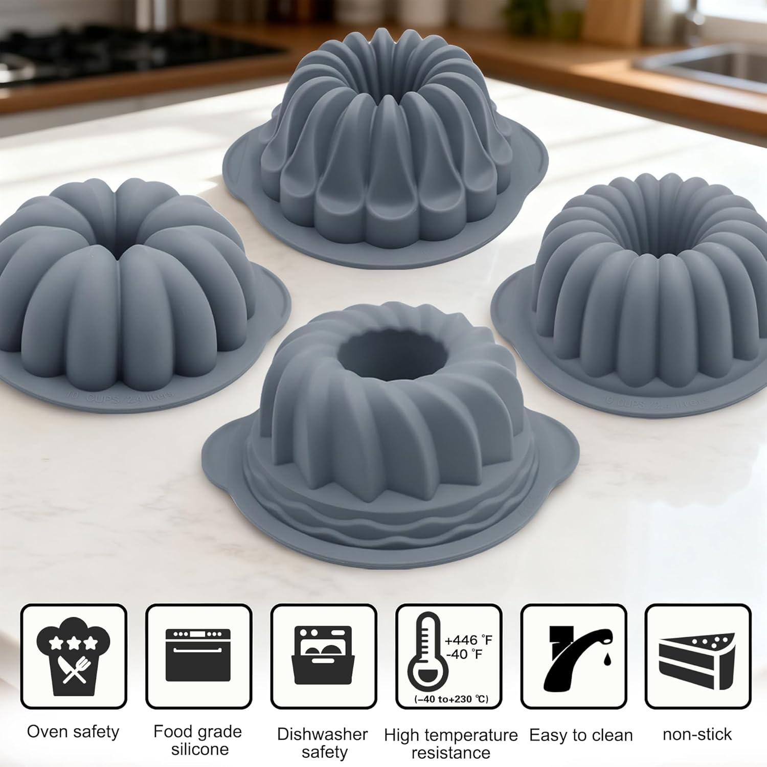 Tongjude Silicone Fluted Tube Cake Pans - 4-Piece Non-Stick Baking Set for Cakes, Jello & Bread - Grey
