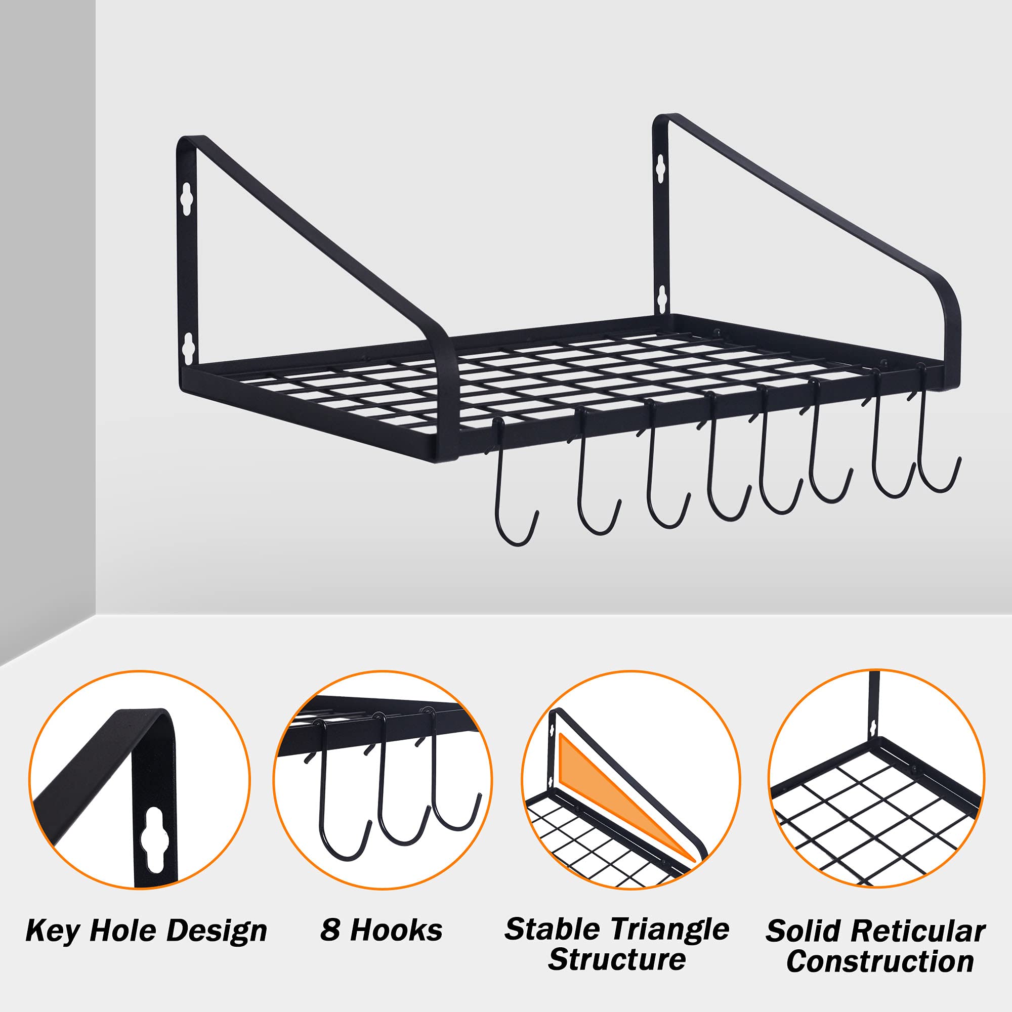 ZHOHO TANT Pot and Pan Hanger, Wall Mounted Pots and Pan Hanging Rack with 8 Hooks for Kitchen Cookware Utensils 2 DIY Methods Black Steel Hanging Pot Rack