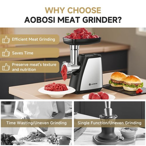 AAOBOSI Meat Grinder Electric, Sausage Stuffer With 2 Blades, 3 Plates, Sausage Tube & Kubbe Kit, [2800W Max] for Home Kitchen Use, Stainless Steel
