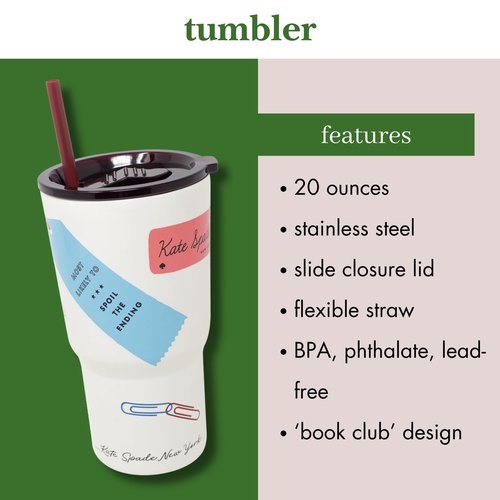 kate spade new york 20 Ounce Insulated Tumbler for Cold and Hot Drinks with Reusable Straw, Stainless Steel Travel Cup with Slide Top Lid (Book Club)