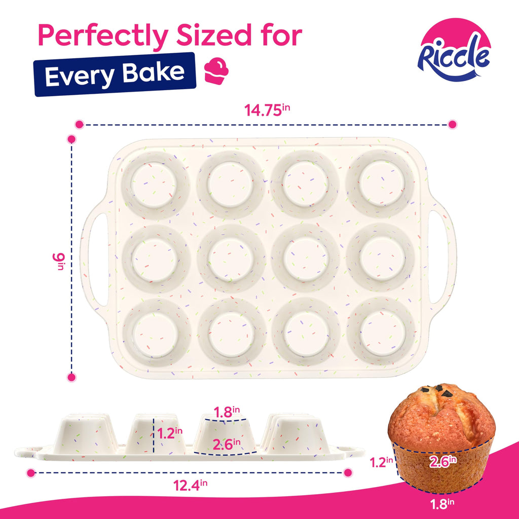 RICCLE Silicone Muffin Pans for Baking with Metal Reinforced Frame, 12-Cup Cupcake Pan, 2 Pcs Muffin Trays for Cupcake Baking, Tray Molds, Oven & Dishwasher Safe, BPA-Free (2 x Regular)